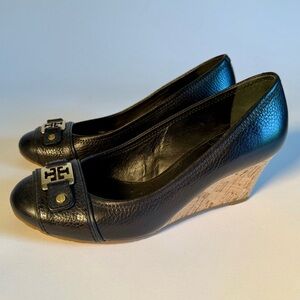 Tory Burch Black Wedges with Gold Logo and Cork Heel
